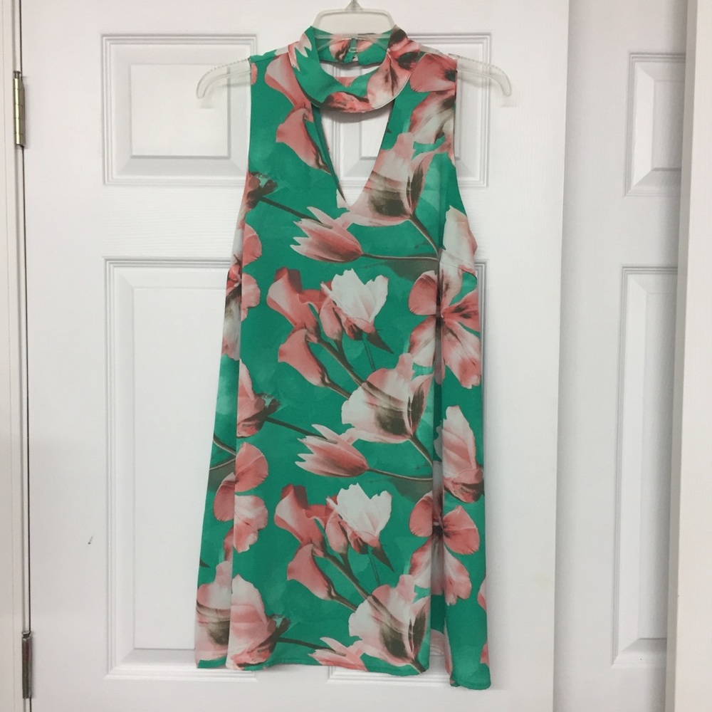 Bold Floral Print Sleeveless Flowy Swing Green Dress Choker Keyhole Sz S